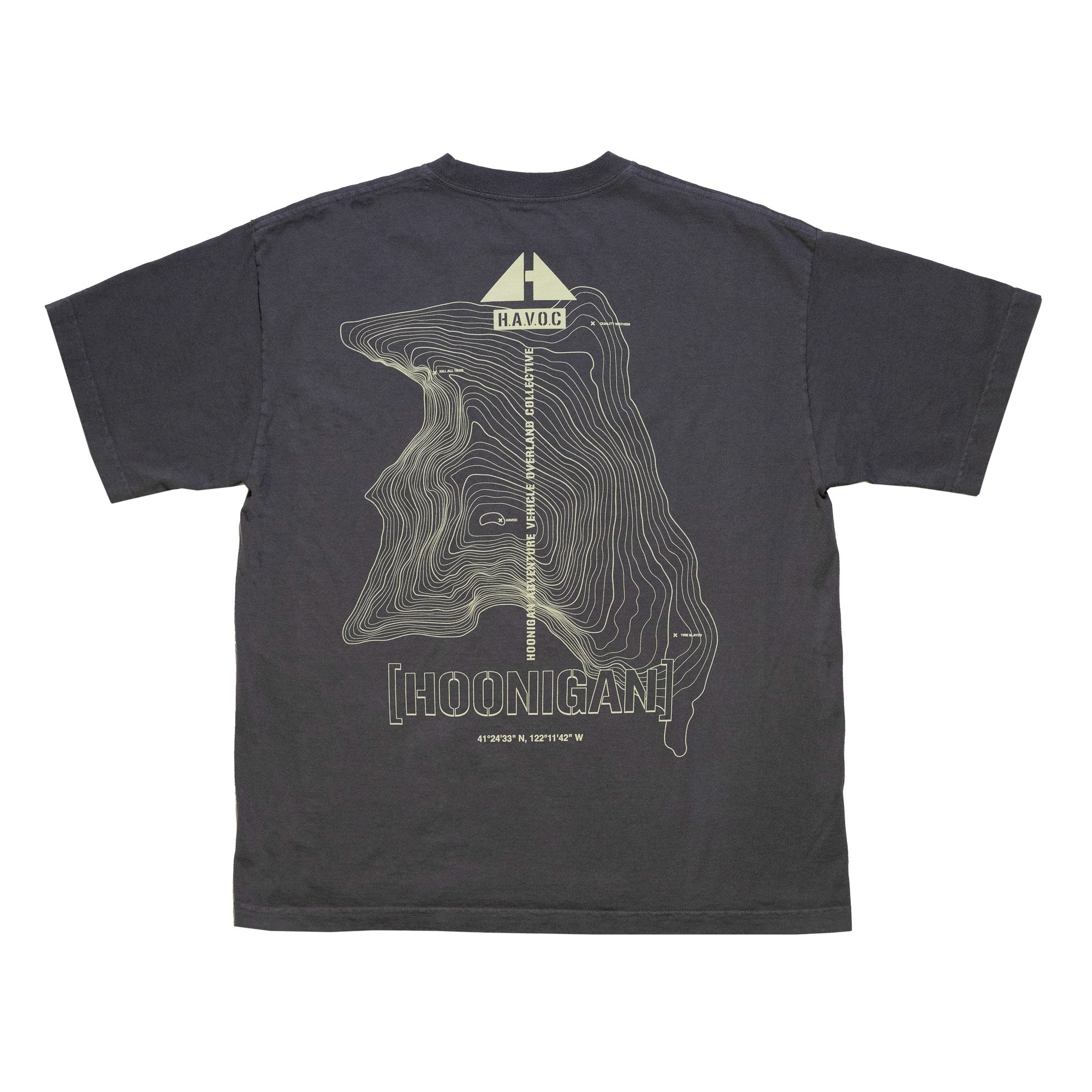 Back of a black Hoonigan TOPOGRAHPHIC TERRAIN short sleeve t-shirt featuring a topographic map design, logo, and coordinates.