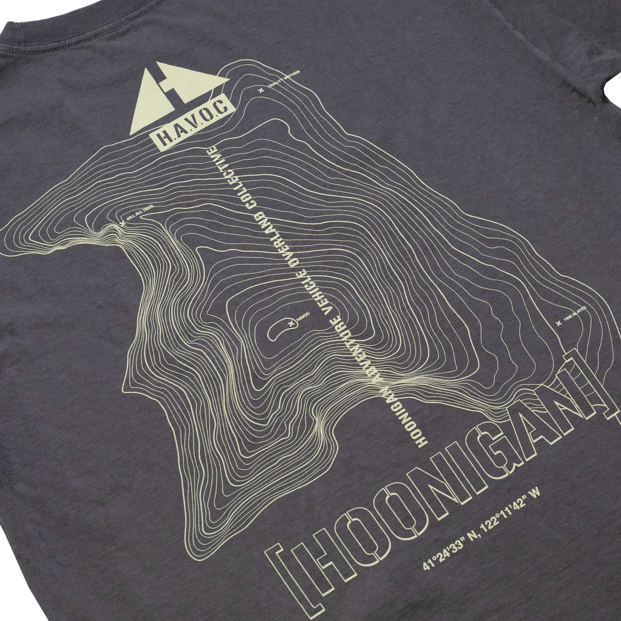 Hoonigan TOPOGRAPHIC TERRAIN short sleeve tee featuring a detailed contour map design with coordinates and bold text.