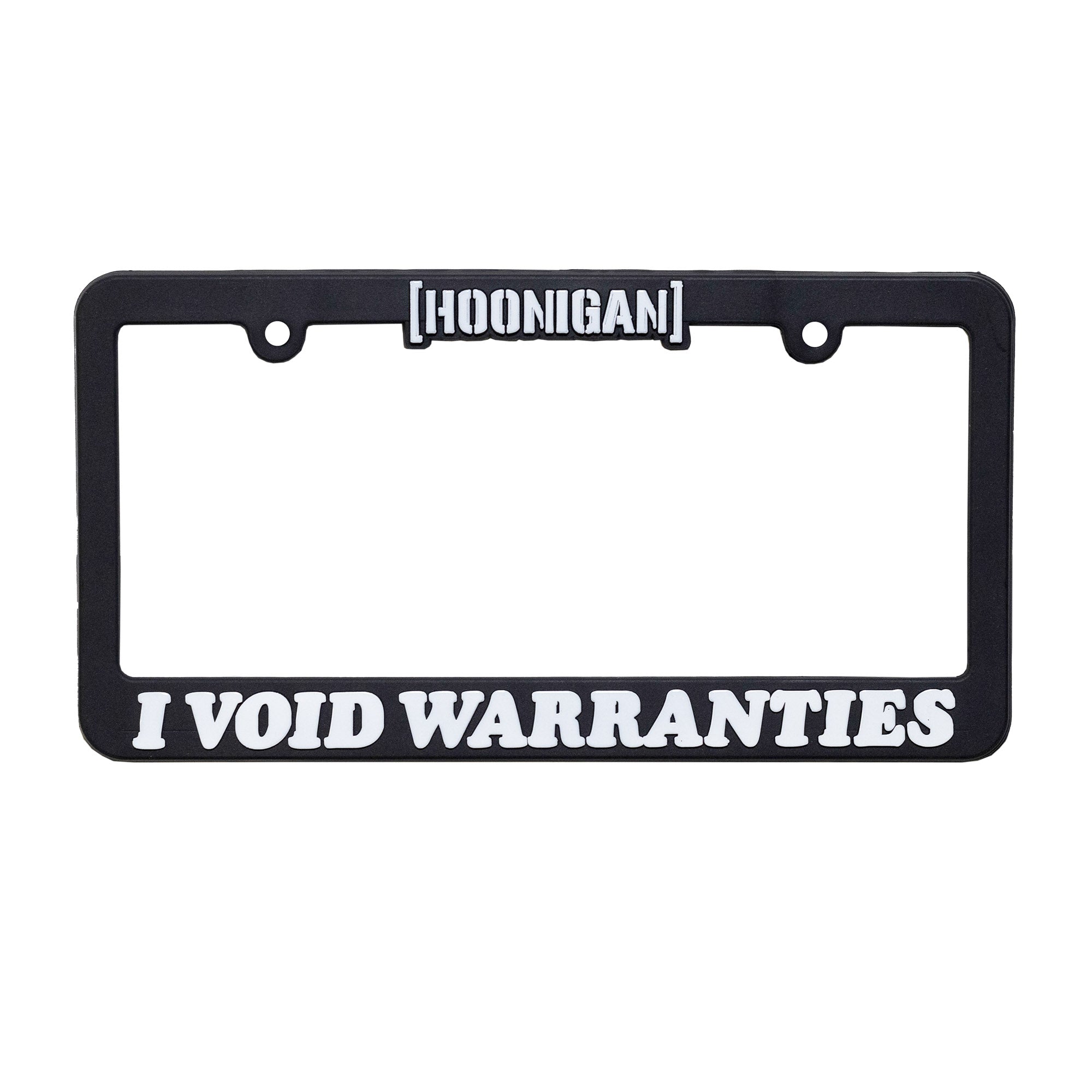 Black license plate frame featuring the text "I VOID WARRANTIES" and the Hoonigan logo, perfect for car enthusiasts.