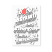 Hoonigan FIND OUT V2 sticker, 5-inch size, with bold text and star accents, featuring a red heart-shaped design element.