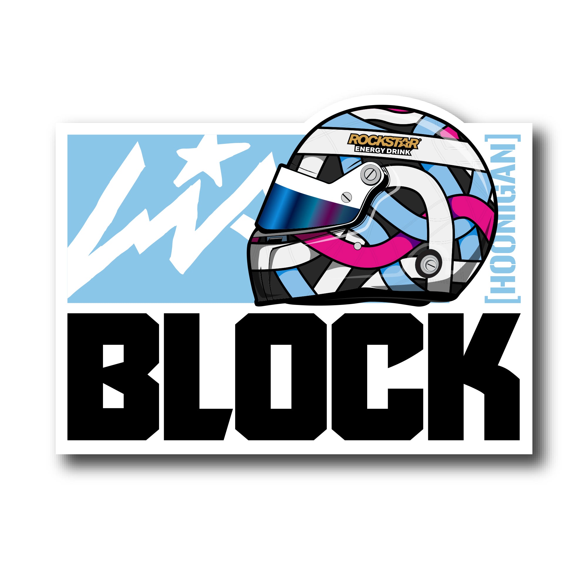 Hoonigan x Lia Block HELMET BLOCK sticker featuring a colorful helmet design and bold "BLOCK" text. Perfect for motorsport fans.