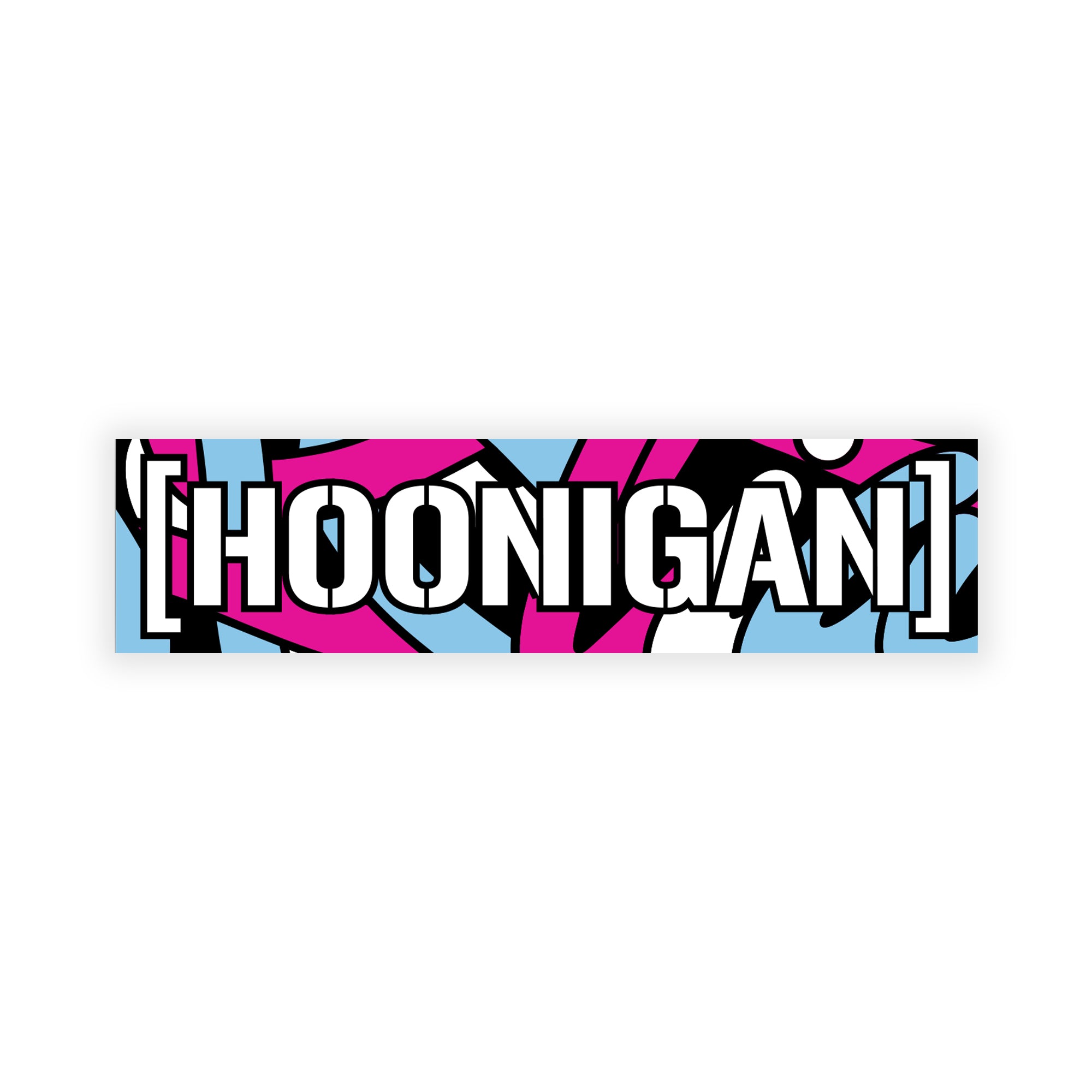 Hoonigan x Lia Block helmet censor bar sticker featuring bold lettering on a colorful abstract background.