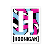 Colorful Hoonigan x Lia Block helmet box sticker featuring bold lettering and dynamic abstract patterns. Perfect for motorsport fans.