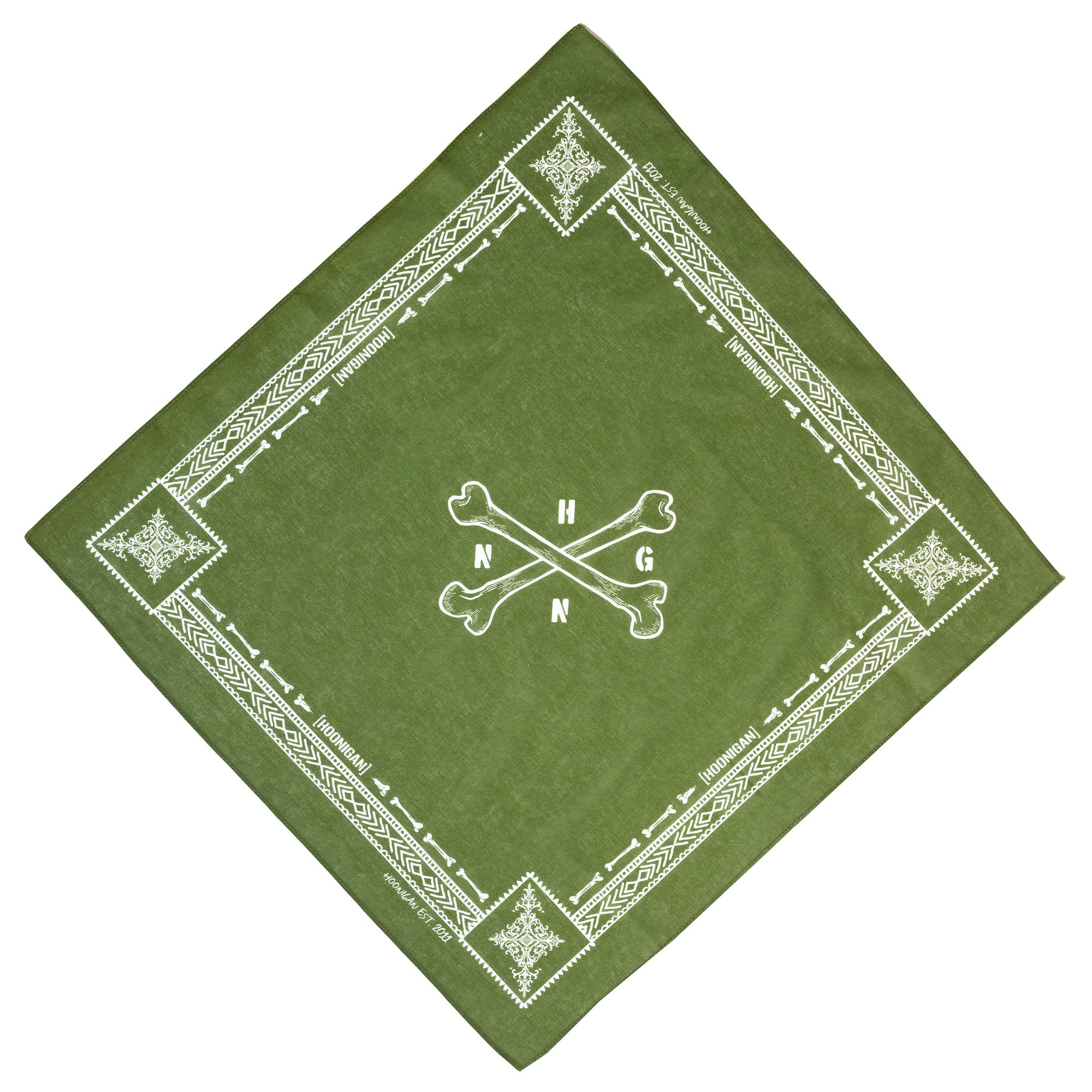 Hoonigan BONES Bandana featuring a green design with white skull and crossbones and intricate border patterns.