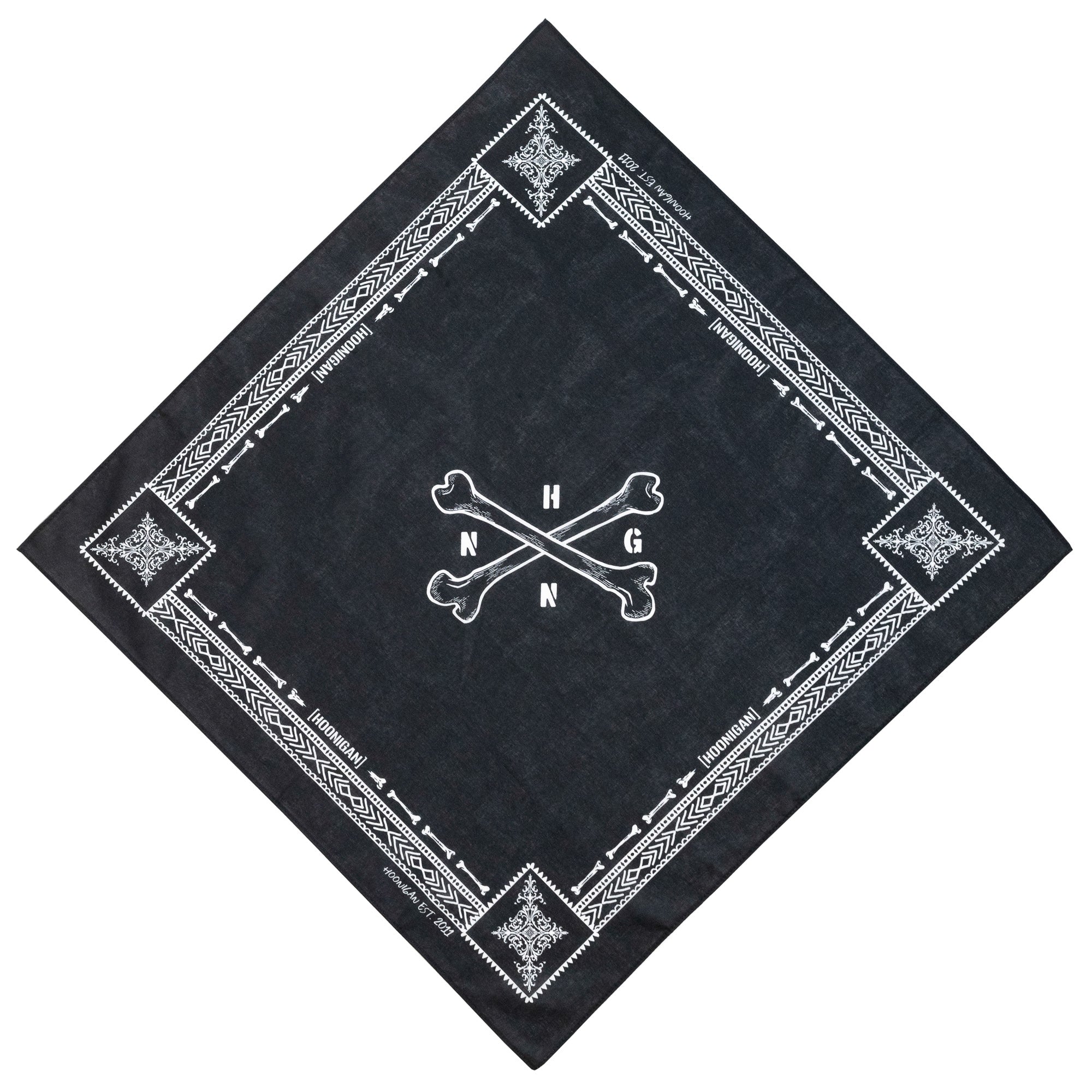 Black bandana featuring a central bone graphic and Hoonigan logo, framed by intricate designs for automotive enthusiasts.