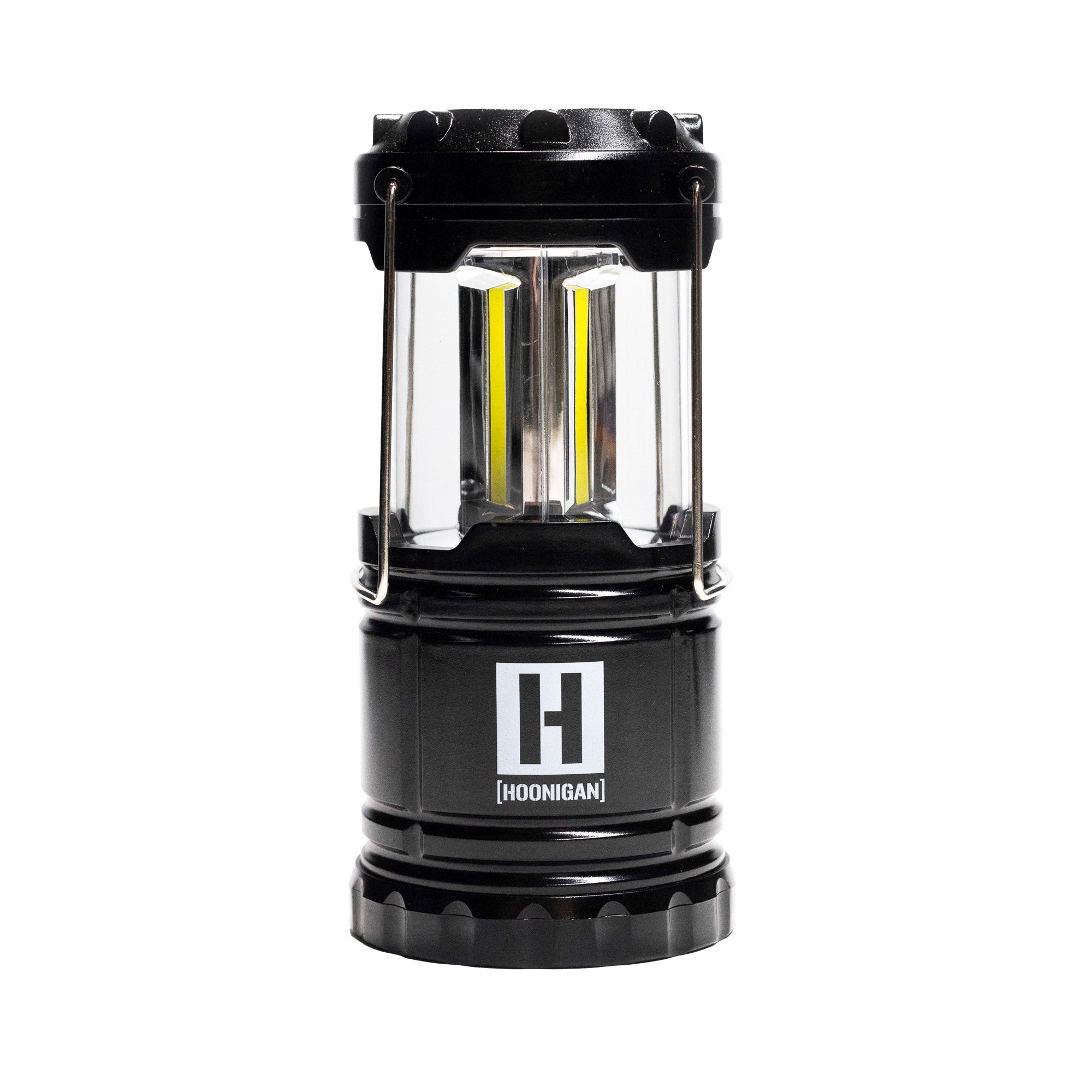 Hoonigan H.A.V.O.C. lantern with a black body, clear protective casing, and yellow LED strips, featuring the Hoonigan logo.