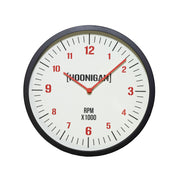 Hoonigan RPM Glow Clock featuring a white face, bold red numbers, and a black frame, ideal for automotive enthusiasts.