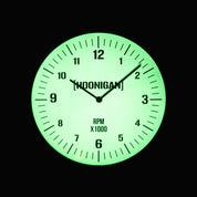 Hoonigan RPM Glow Clock features a luminous green face with bold numbers and hands, perfect for automotive enthusiasts.