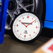 Hoonigan RPM Glow Clock featuring a white face, red accents, and a sleek black frame, perfect for automotive enthusiasts.