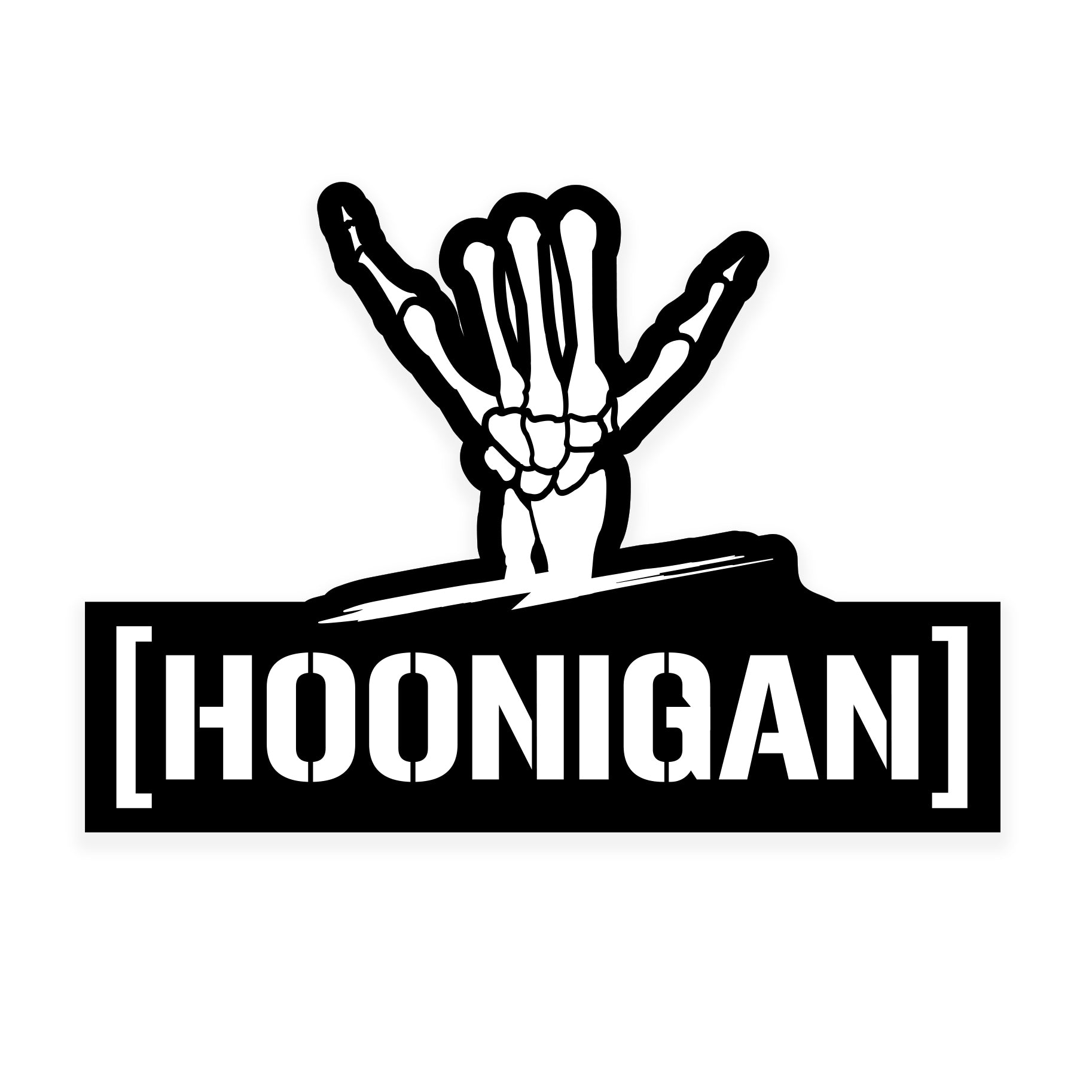 Hoonigan x Shreddy CENSOR BAR sticker featuring a skeleton hand gesture with bold lettering. Perfect for car culture enthusiasts.