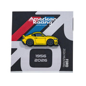 Yellow Ford Mustang collectible pin by American Racing, featuring a sleek design and commemorating 1956 to 2026.