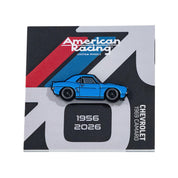 Blue collectible pin featuring a 1969 Chevrolet Camaro, displayed on an American Racing card with dates 1956-2026.