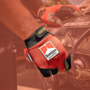 Hoonigan SURGEON GENERAL gloves feature a red and black design, ideal for motorsport enthusiasts and automotive work.