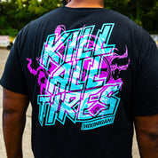 Back of the black Hoonigan TREADWEAR tee with a pink and teal KILL ALL TIRES graphic.