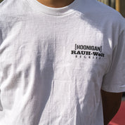 Hoonigan X RWB ROUGH WORLD KILL ALL TIRES Short Sleeve Tee featuring bold graphic design and custom logo on a black background.