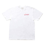 White Hoonigan FIND OUT V2 short sleeve t-shirt with pink logo and small graphic on the chest.