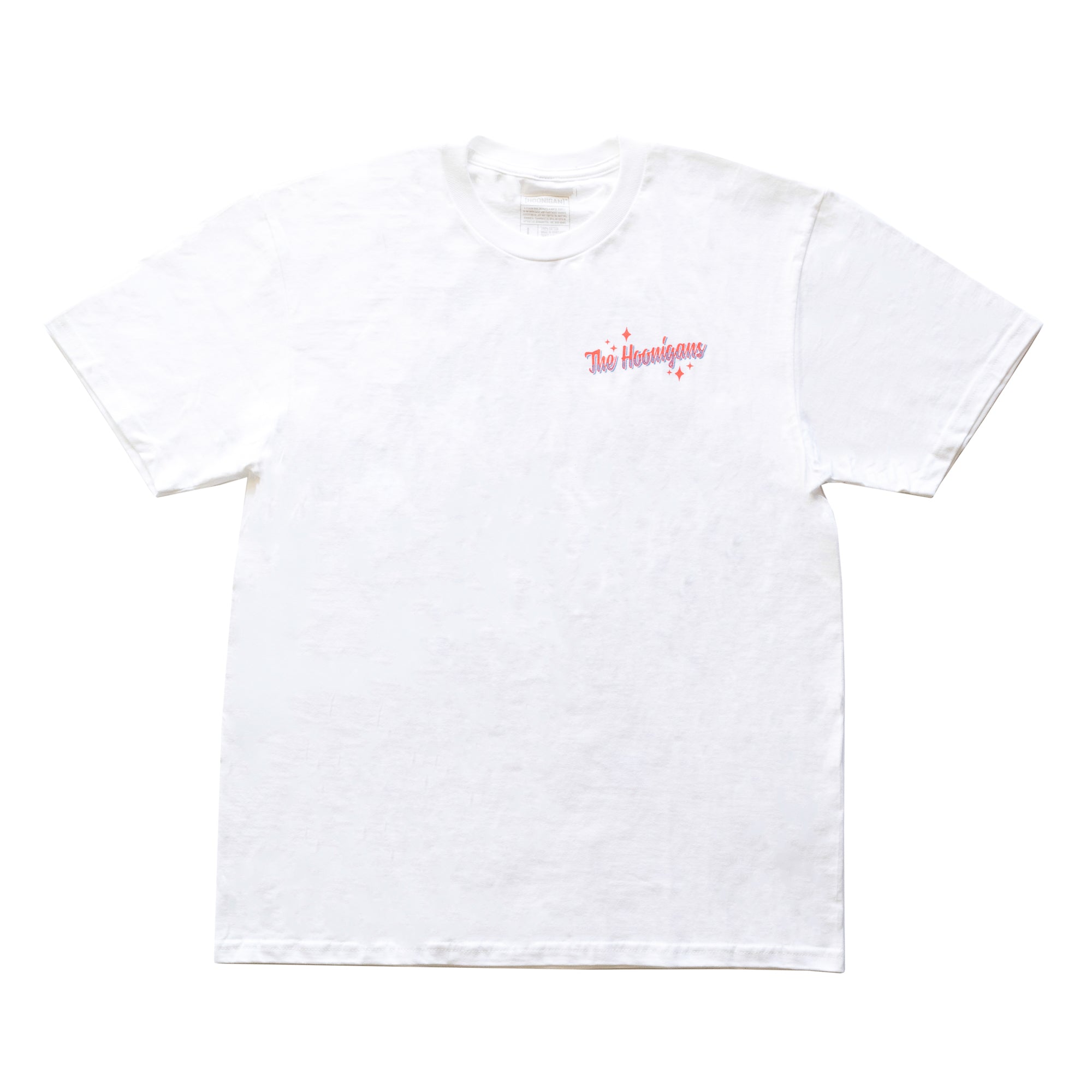 White Hoonigan FIND OUT V2 short sleeve t-shirt with pink logo and small graphic on the chest.
