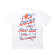 White Hoonigan FIND OUT V2 short sleeve tee with colorful, bold text and starburst graphics on the front.