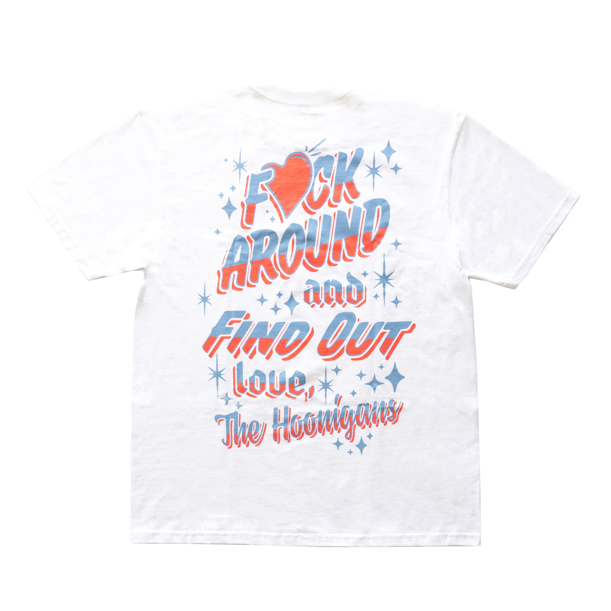 White Hoonigan FIND OUT V2 short sleeve tee with colorful, bold text and starburst graphics on the front.