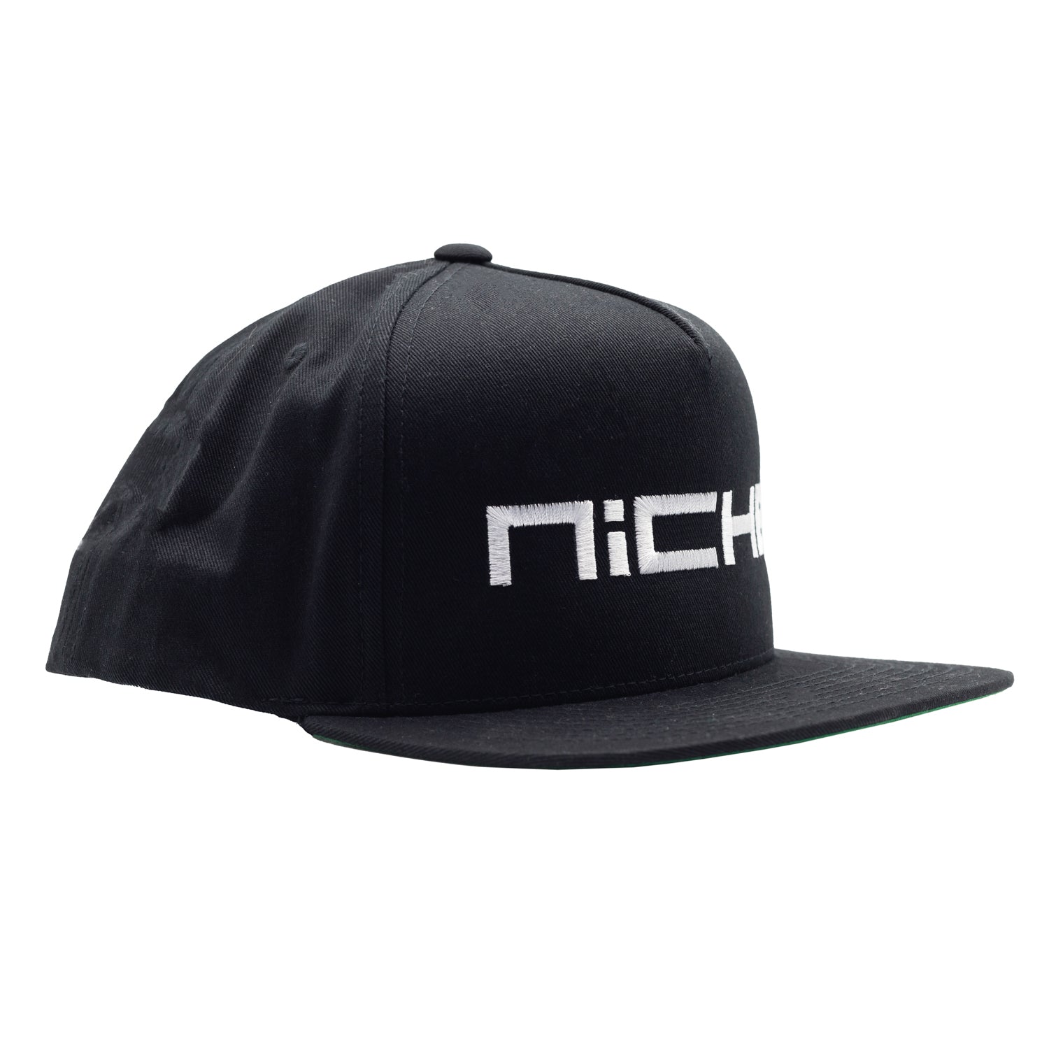 Black Niche SNAPBACK hat featuring a white embroidered logo on the front.