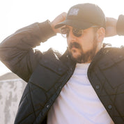 Hoonigan Motorsports VICTOR Quilted Jacket, black with logo detailing, featuring a stylish quilted design and a front zipper.