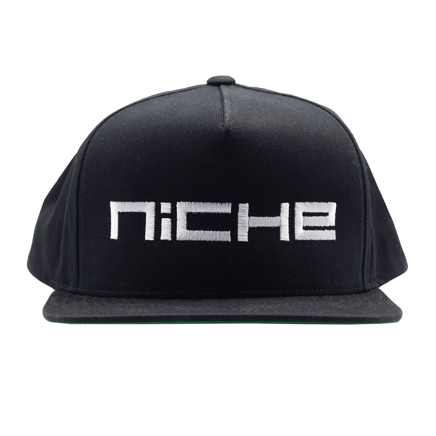 Niche SNAPBACK Hat in black with white logo design, featuring an adjustable snap closure.