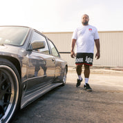 Hoonigan SURGEON GENERAL Nylon Shorts in black with white logo and graphic details.