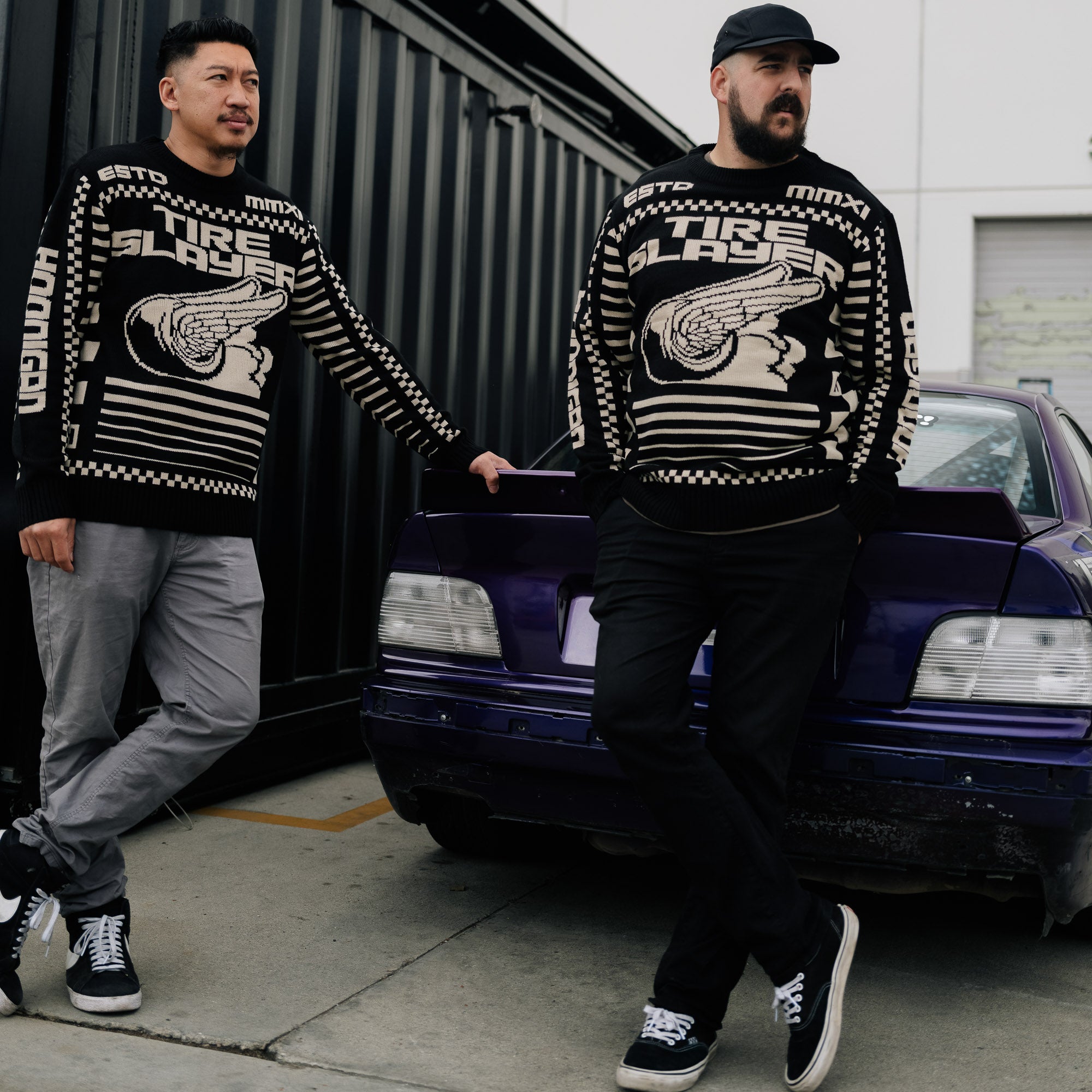 Hoonigan TIRE SLAYER Ugly Xmas Pullover featuring a colorful holiday design with automotive-themed graphics.