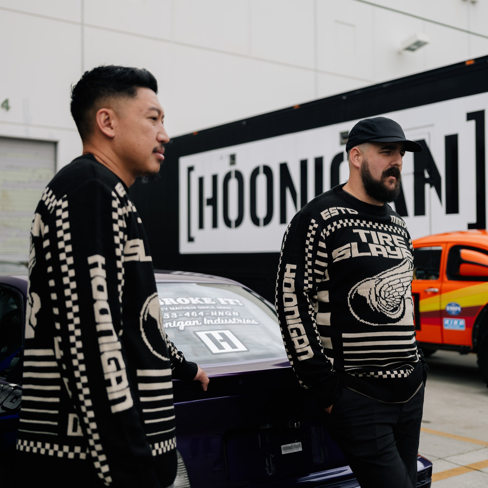 Hoonigan TIRE SLAYER Ugly Christmas Pullover featuring a festive design with tires and holiday elements.
