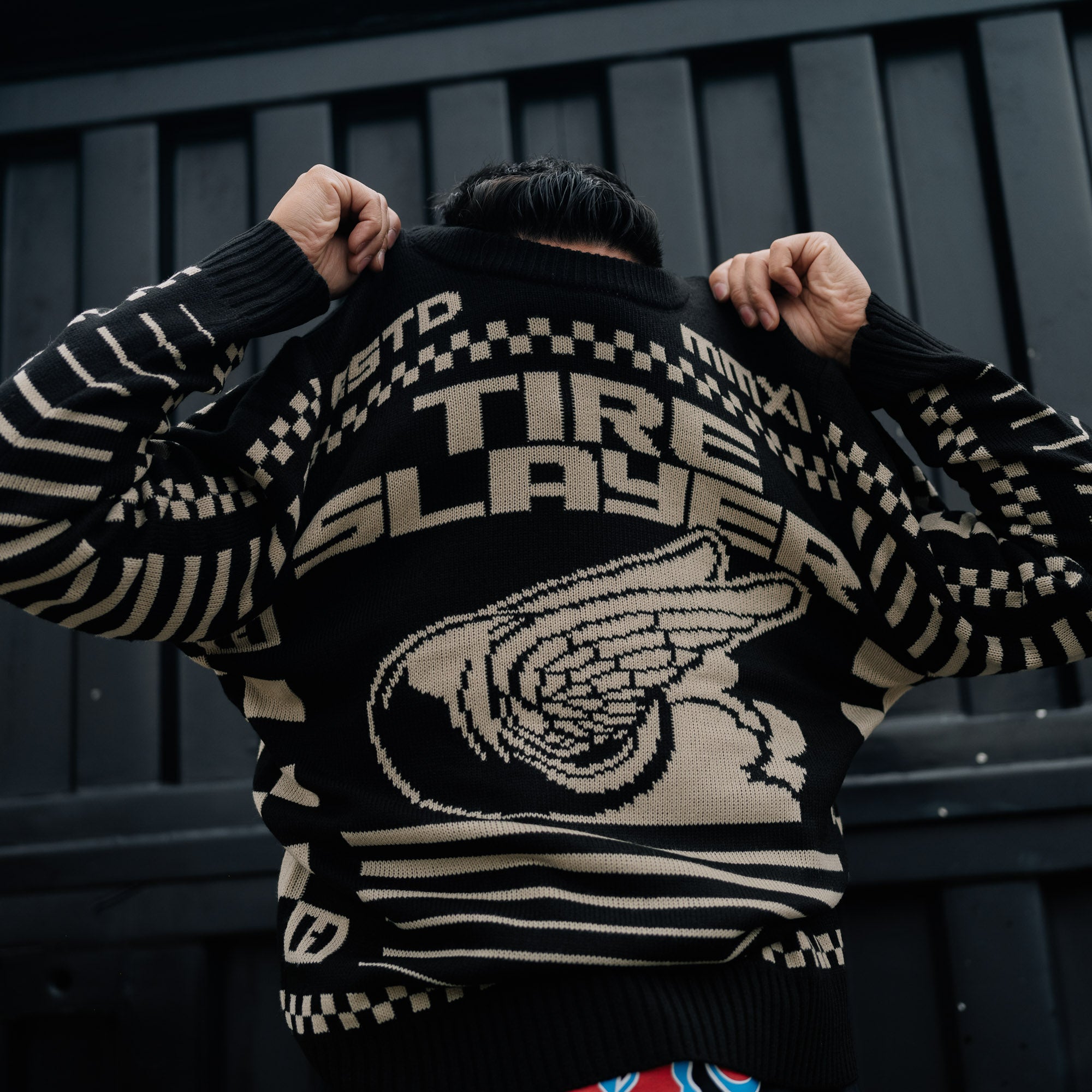 Hoonigan TIRE SLAYER Ugly Christmas Pullover featuring a bold design with festive graphics and a cozy fit.