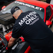 Hoonigan MAYHEM Short Sleeve Tee featuring bold graphic design and logo on a black background.