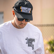 Hoonigan x RWB GROUPE RALLYE '24 unstructured strapback hat in black with white logo and adjustable strap.