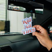 Hoonigan KILL ALL TIRES V2 Air Freshener featuring a vibrant design with bold text and graphic elements, perfect for automotive enthusiasts.