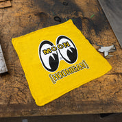Hoonigan X Mooneyes yellow shop towel featuring bold logo design, perfect for automotive enthusiasts and garage use.