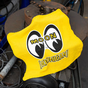 Bright yellow shop towel featuring the Hoonigan and Mooneyes logos, perfect for automotive enthusiasts and mechanics.