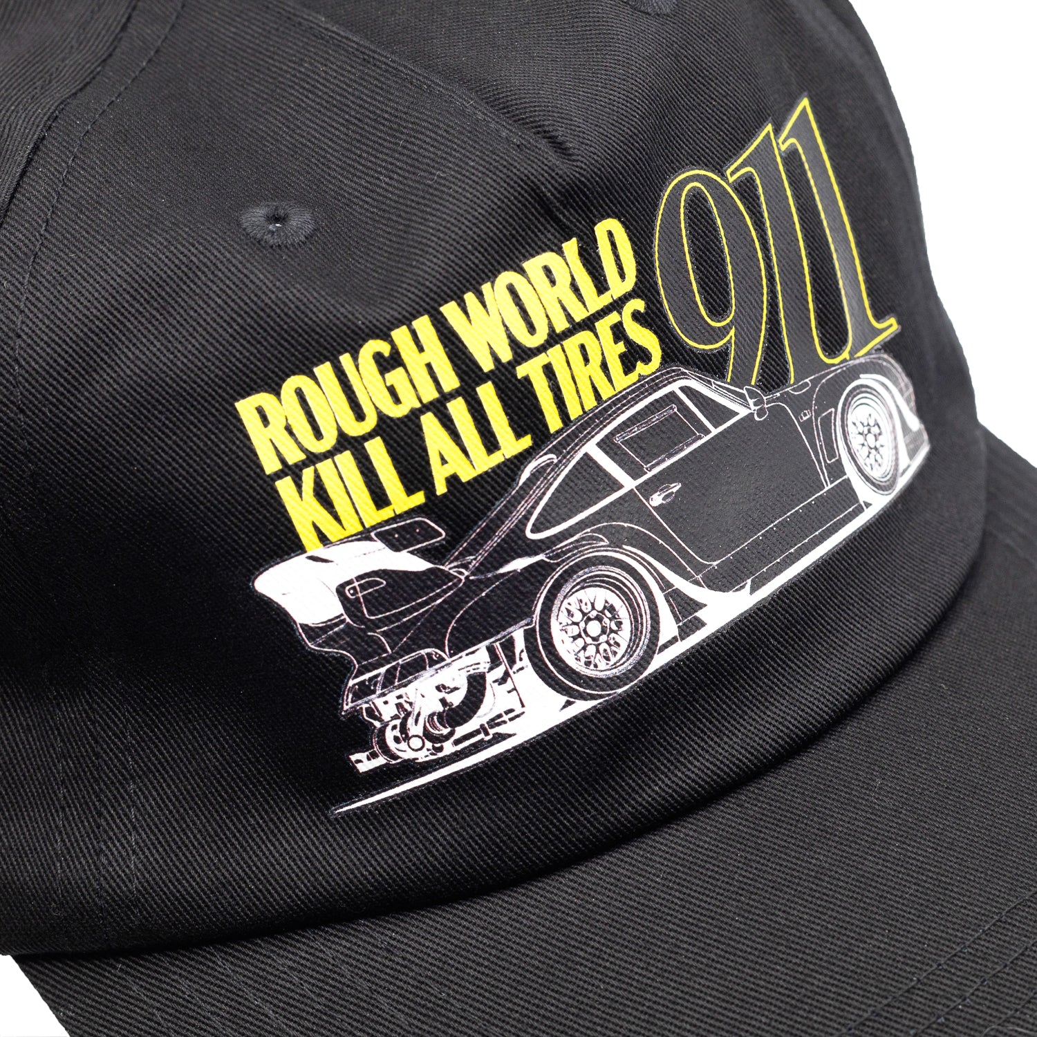 Hoonigan x RWB ROUGH WORLD KILL ALL TIRES unstructured strapback hat, featuring black fabric, logo embroidery, and adjustable strap.
