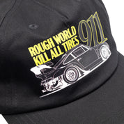 Hoonigan x RWB ROUGH WORLD KILL ALL TIRES unstructured strapback hat, featuring black fabric, logo embroidery, and adjustable strap.