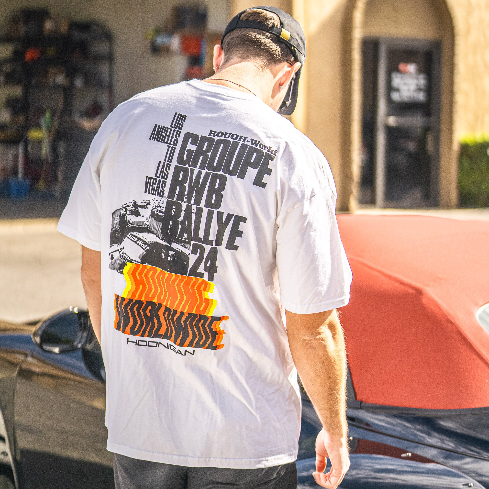 Hoonigan X RWB GROUPE RALLYE short sleeve tee featuring bold graphics and a classic fit in black, perfect for motorsport enthusiasts.