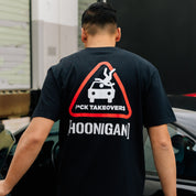 Hoonigan HOON RESPONSIBLY Short Sleeve Tee in black, featuring white graphic text on the front.
