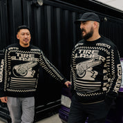 Hoonigan TIRE SLAYER Ugly Xmas Pullover featuring festive graphics and a comfortable fit, perfect for holiday celebrations.