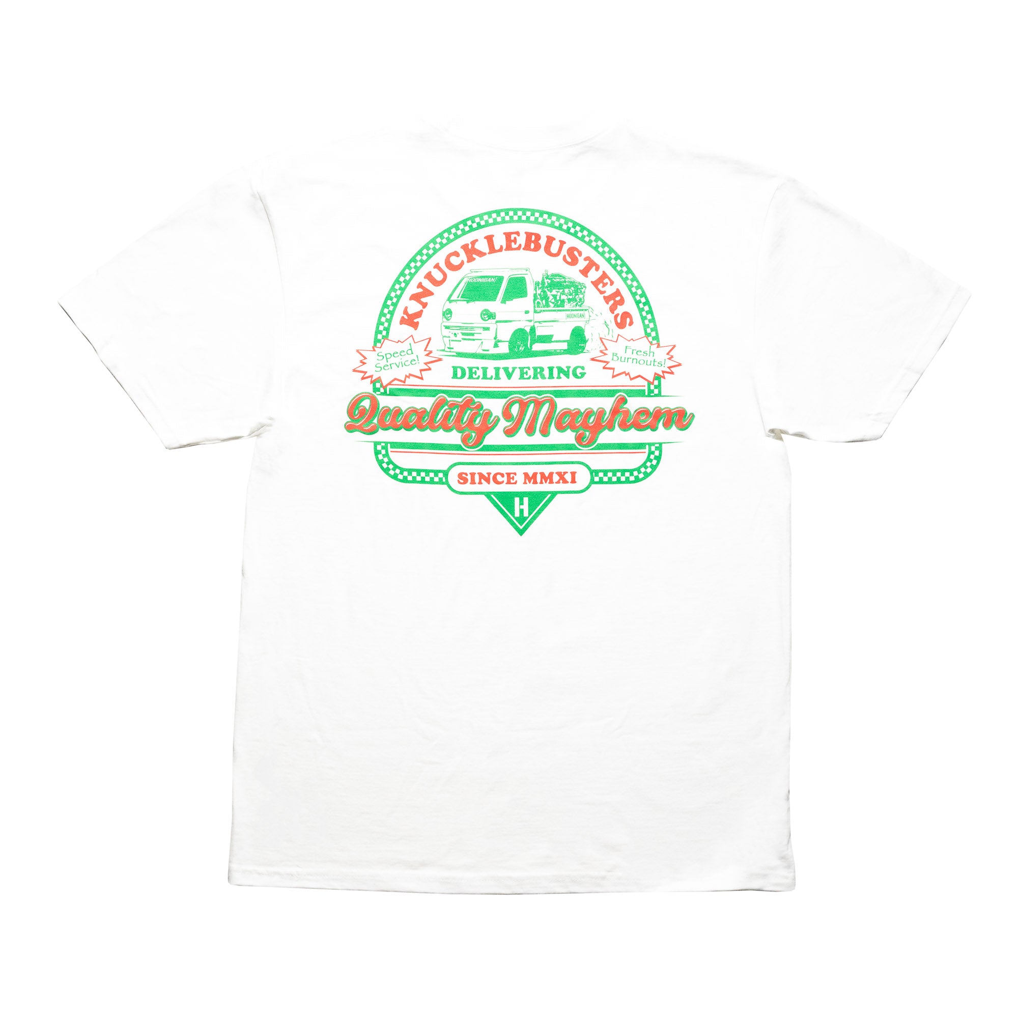 Hoonigan SPEED DELIVERY Short Sleeve Tee in black with bold white graphics featuring a racing-themed design.