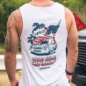 Hoonigan 'MERICA Tank Top featuring a bold American flag graphic on a black background.