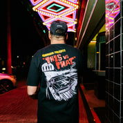 Hoonigan DOUBLE FEATURE Short Sleeve Tee in black featuring bold graphic designs on the front and back.