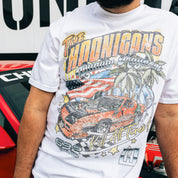 Hoonigan 632 Short Sleeve Tee featuring bold graphic design on a black fabric background.