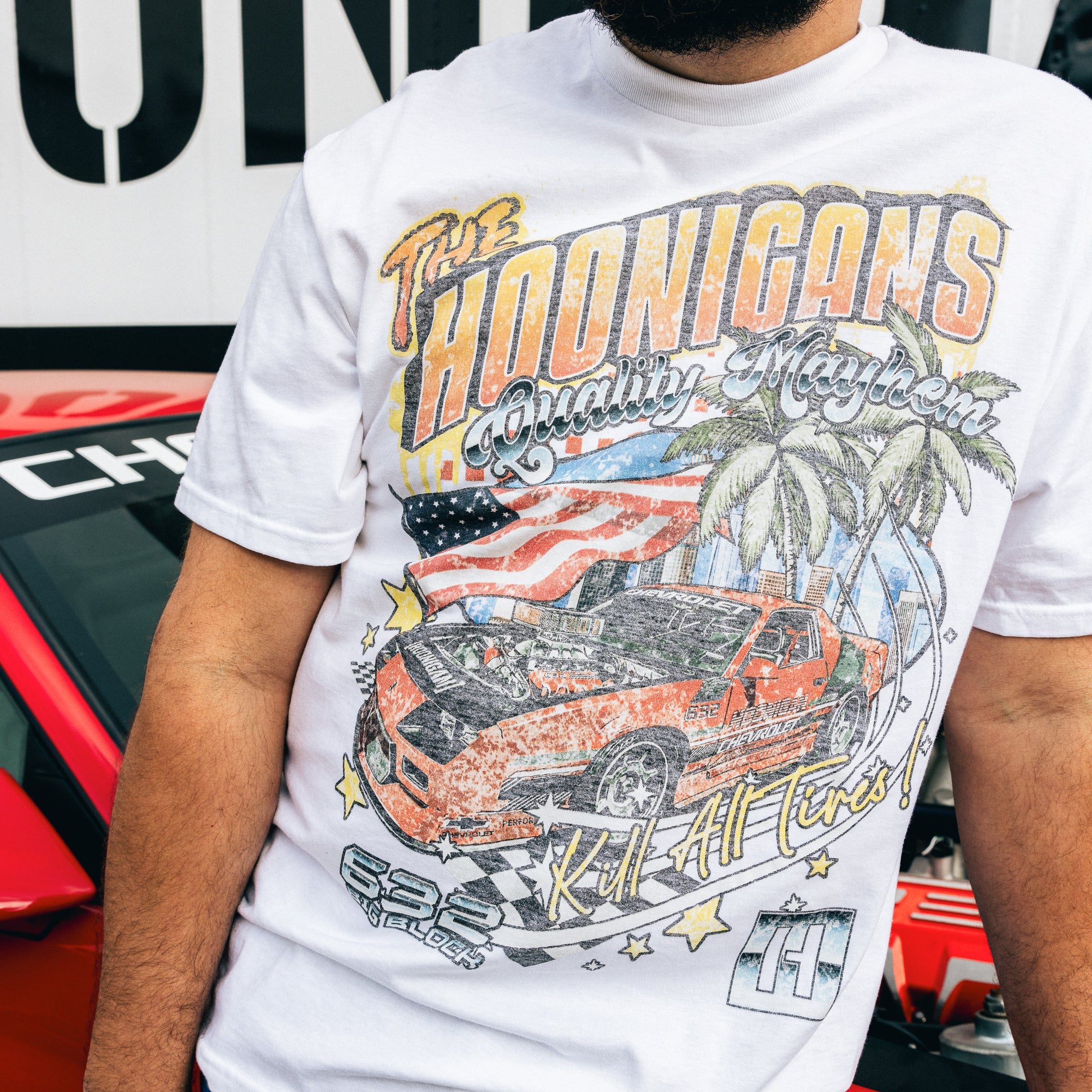 Hoonigan 632 Short Sleeve Tee featuring bold graphic design on a black fabric background.