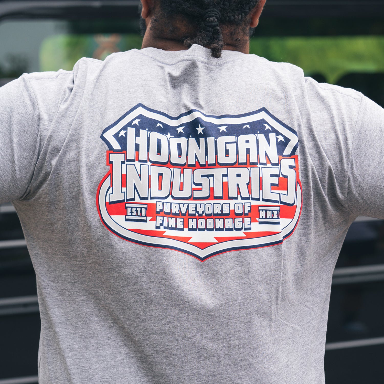 Hoonigan INTERSTATE summer short sleeve tee in black with white logo and graphics.