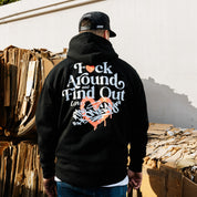 Hoonigan FIND OUT Pullover Hoodie in black with white logo and graphic design.