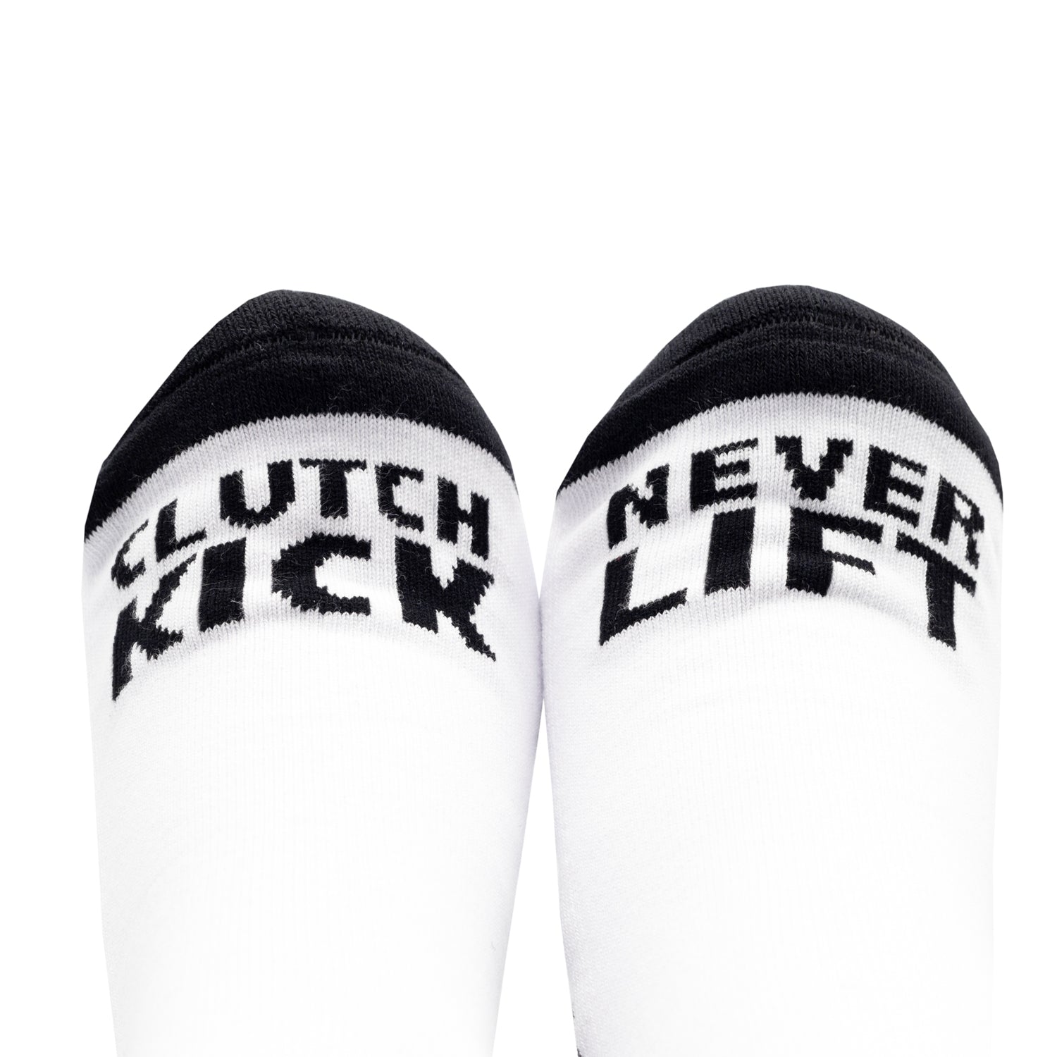 Hoonigan FINISHLINE II Crew Socks featuring a black and white design with bold branding and contrasting stripes.