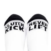 Hoonigan FINISHLINE II Crew Socks featuring a black and white design with bold branding and contrasting stripes.