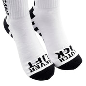 Hoonigan FINISHLINE II Crew Socks featuring a black and white design with bold Hoonigan branding and athletic stripes.
